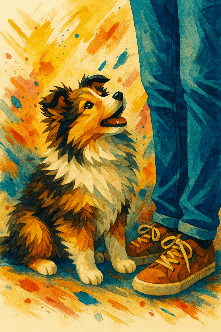 A purposely bred sheltie puppy looking at its owner